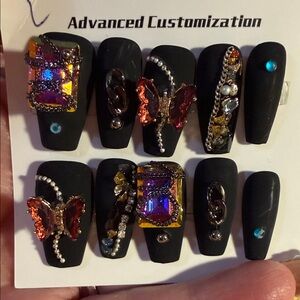 Black and Multicolor Embellished Press-On Nails